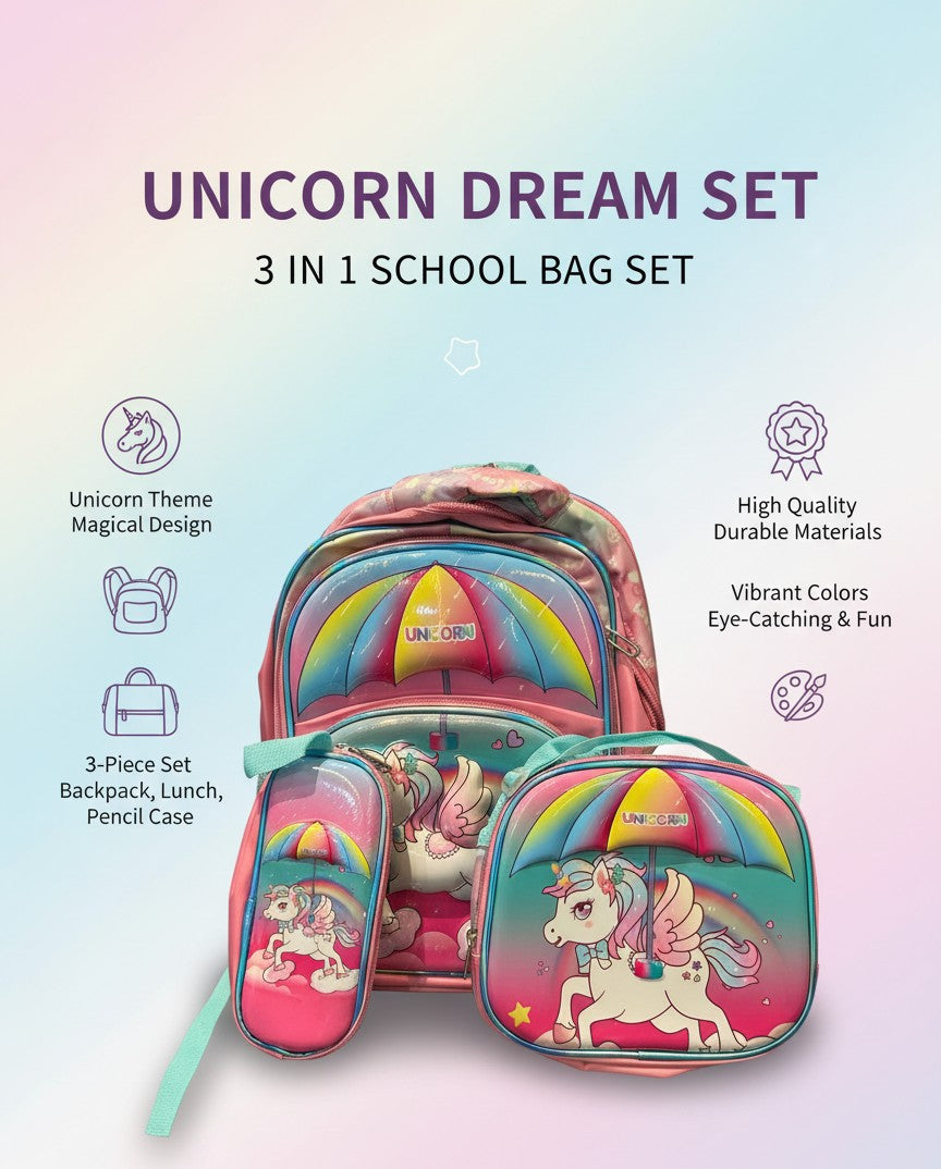 Magical Unicorn Dream School Set (3-in-1 Backpack, Lunch & Pencil Case)